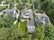 Expansive aerial view showcasing manicured backyard, patio and lush landscaping at 504 Yarmouth Rd, Raleigh, NC 27608