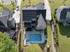 Aerial view of home with backyard pool, patio area, lush greenery and landscaping at 517 Myrna Ln, Wake Forest, NC 27587