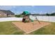 Wooden playground with a slide and swing set, surrounded by a wood chip safety zone at 77 Redpine Ct, Clayton, NC 27520