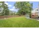 A lush backyard with a well-manicured lawn, a wooden fence, and mature trees at 8912 Erinsbrook Dr, Raleigh, NC 27617
