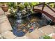 Close up of a peaceful koi pond with a waterfall and miniature wooden bridge at 1012 Delta River Way, Knightdale, NC 27545