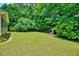 Lush backyard showcasing a well-manicured lawn with mature trees and a shed at 1209 Locharron Ln, Cary, NC 27511