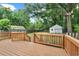 Inviting wood deck with railings overlooks the landscaped backyard and detached garage at 1826 Northgate St, Durham, NC 27704