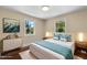 Staged main bedroom with hardwood floors, two windows and furniture including bed, dressers, and bedside tables at 2712 Broad St, Durham, NC 27704