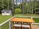 An outdoor wooden deck features a dining set, seating and a view of the backyard shed at 5109 Makena Dr, Raleigh, NC 27615