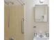 A well-lit bathroom features a showerhead, grab bar, sink, and mirror at 555 Dacian Rd, Raleigh, NC 27610