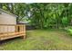 Large, grassy backyard with a wooden deck, chain link fence, and many mature trees at 611 Rowland St, Henderson, NC 27536