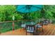 Outdoor deck featuring a dining table and an umbrella, surrounded by lush greenery at 729 Lorentello Cir, Hillsborough, NC 27278
