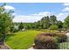 Well-manicured backyard featuring a large green lawn, lush landscaping, and a serene, picturesque setting at 1342 Briar Chapel Pkwy, Chapel Hill, NC 27516