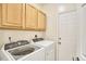 Functional laundry room features a washer, dryer, and upper cabinets for storage at 142 College Ave Ave, Durham, NC 27713