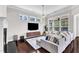 Bright living room with dark wood floors, fireplace, and large windows at 1808 Pennypacker Ln, Durham, NC 27703