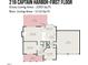 First floor layout featuring kitchen, dining, living areas, garage and outdoor patio with dimensions at 216 Captain Harbor Hbr, Sanford, NC 27332