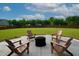 Landscaped backyard patio featuring a fire pit surrounded by Adirondack chairs, ideal for outdoor gatherings at 226 Castle Pond Way, Fuquay Varina, NC 27526