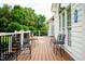 Back deck with wrought iron seating and view of the well manicured lawn and backyard at 3021 Glenwood Dr, Durham, NC 27705