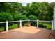 A clear view of the back deck with black iron railings and beautiful greenery in the background at 3021 Glenwood Dr, Durham, NC 27705