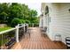 Back deck of a white home with wrought iron patio set with lush green surroundings at 3021 Glenwood Dr, Durham, NC 27705