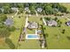Aerial view of beautiful homes with large yards, swimming pool, and neighborhood streets at 6250 Moinear Ln, Chapel Hill, NC 27514