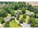 Expansive aerial view of a traditional brick home surrounded by lush greenery and mature trees in a neighborhood at 6553 Vintage Ridge Ln, Fuquay Varina, NC 27526