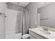 Clean bathroom featuring white subway tile in the shower and a vanity with countertop at 1324 Sandybrook Ln, Wake Forest, NC 27587