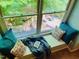 Bedroom window nook overlooking private patio with pillows and throws at 1512 Cumberland Rd, Chapel Hill, NC 27514