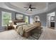Serene primary bedroom with tray ceilings, soft lighting, a ceiling fan, and a luxurious king-sized bed at 2067 Glenkirk Dr, Burlington, NC 27215