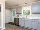 Bright kitchen featuring grey cabinets, stainless steel appliances, and a view from the window at 3600 Star Trek Ct, Raleigh, NC 27604