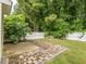 Well-maintained backyard with a brick patio, lush greenery, and a white picket fence, ideal for outdoor enjoyment at 4020 Mindspring Dr, Raleigh, NC 27610