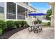 Landscaped backyard featuring a stone patio with seating, an umbrella, and well-maintained green shrubs surrounding the area at 4120 Overcup Oak Ln, Cary, NC 27519