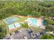 Aerial view of community amenities featuring tennis courts, a swimming pool, and ample parking at 5512 Grand Traverse Dr, Raleigh, NC 27604