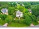 Expansive aerial view of a stately brick home nestled among lush greenery, showcasing its grand presence and serene setting at 6005 Carlyle Dr, Raleigh, NC 27614