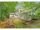 Backyard brick patio surrounded by trees, and lush foliage at 604 Eden Ln, Chapel Hill, NC 27517