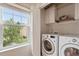 Practical laundry room with a modern washer and dryer, storage shelves, and a window for natural light and ventilation at 615 Carlton Commons Ln, Cary, NC 27519