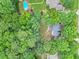 Lush trees surround a house from an aerial perspective, highlighting its secluded setting at 618 Durwood Dr, Raleigh, NC 27603