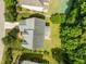 Aerial view of a single-Gathering home with lush landscaping, a backyard, and a nearby home with a basketball court at 7409 Chesley Ln, Durham, NC 27713