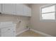 Efficient laundry room with white cabinets and sink, plus a bright window at 7409 Chesley Ln, Durham, NC 27713