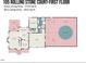 Detailed first-floor floor plan showcases spacious layout with pool, yard, and primary bedroom at 105 Rolling Stone Ct, Sanford, NC 27332