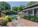 Beautiful pool area surrounded by mature trees, lush greenery, and a backyard patio at 1110 Edgewood Ave, Burlington, NC 27215