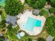 A top-down view of the neighborhood pool surrounded by lounge chairs, umbrellas, and shaded areas at 1218 Chimney Hill Dr, Apex, NC 27502