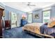 Blue bedroom with windows, TV, and doorway to bathroom, creating a serene and functional space at 7401 Heartland Dr, Wake Forest, NC 27587