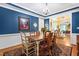 Elegant dining room with blue walls, hardwood floors, and chandelier at 7401 Heartland Dr, Wake Forest, NC 27587
