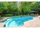 Inviting in-ground pool surrounded by lush greenery and stone patio perfect for outdoor relaxation and entertainment at 7401 Heartland Dr, Wake Forest, NC 27587