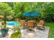 Poolside patio featuring an outdoor dining set and lush landscaping at 7401 Heartland Dr, Wake Forest, NC 27587
