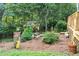 Landscaped backyard with unique garden decor, creating a charming and tranquil retreat at 10415 Ashmead Ln, Raleigh, NC 27614