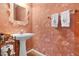 Powder room with pedestal sink and decorative wallpaper at 10415 Ashmead Ln, Raleigh, NC 27614