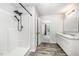 Bathroom with a stand-up shower and a double sink vanity with marble countertops at 108 Rocking Horse Ln, Sanford, NC 27332