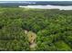 Expansive aerial view of a home nestled in a lush forest with a serene lake backdrop at 145 Ryan Rd, Pittsboro, NC 27312