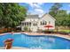 Well-maintained back yard with inground pool, patio, and ample seating at 2328 Forestbluff Dr, Fuquay Varina, NC 27526
