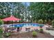 Back yard pool and patio with manicured landscaping at 2328 Forestbluff Dr, Fuquay Varina, NC 27526