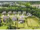 Aerial view of a residential neighborhood featuring well-maintained homes, lush greenery, and a tranquil pond at 2527 Sidewinder Ct, Apex, NC 27523