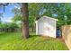 Backyard features a storage shed and mature trees, providing ample shade and storage space at 3713 Highland Creek Dr, Apex, NC 27539